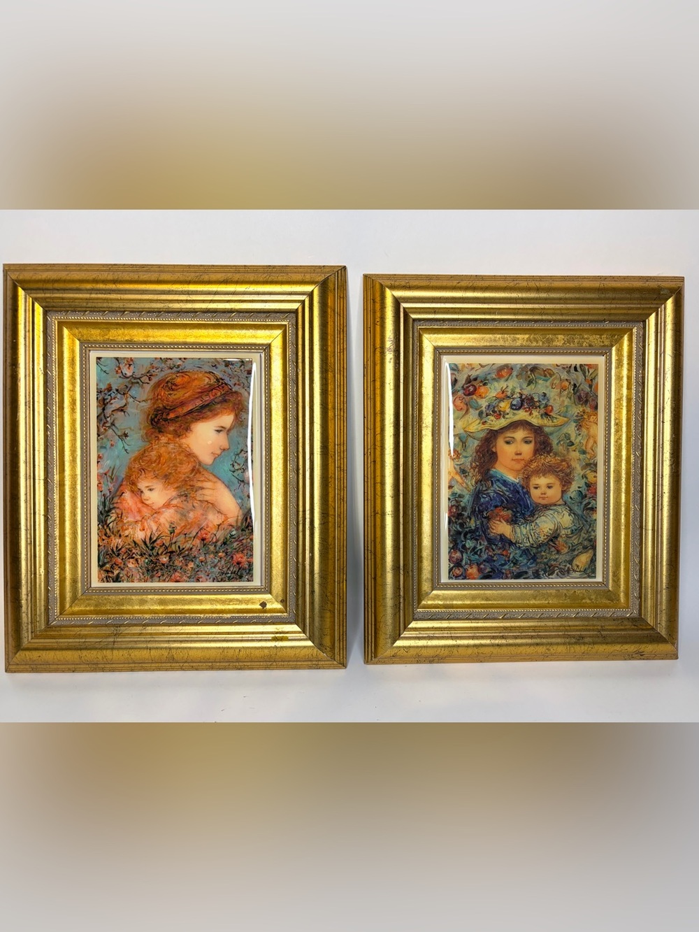 Pair 1998 Edna Hibel Framed Ceramic Art Tiles - Hand Signed w/ COA Mother Child
